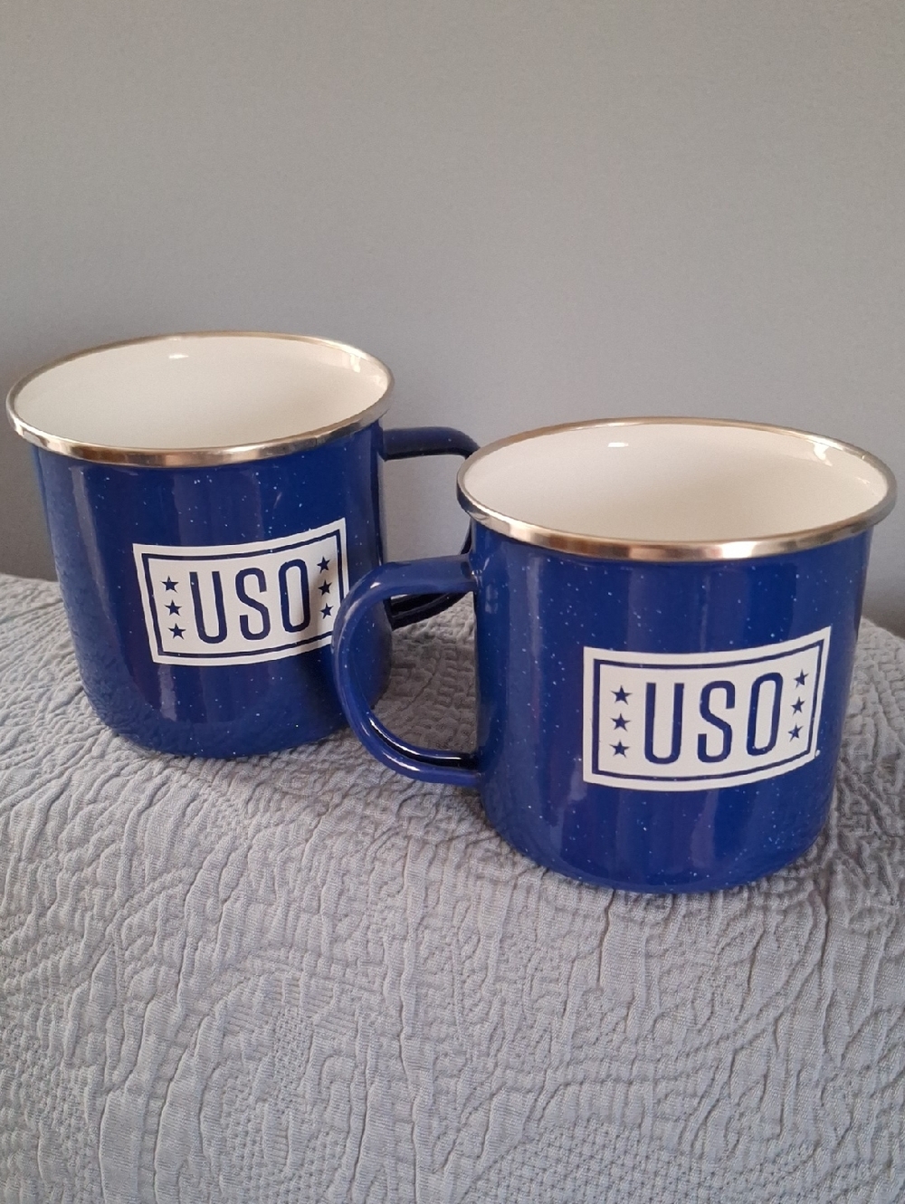 USO Blue Speckled Enamel Camp Mugs - Set of 2